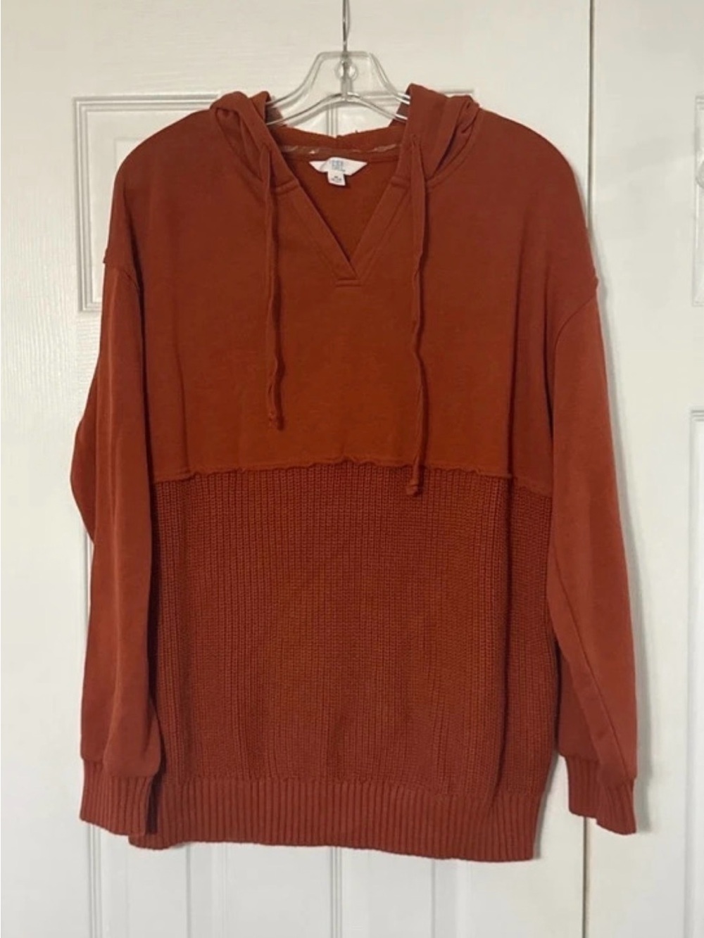 Time and Tru Women's Mixed Media Hoodie in a rust/burnt orange color Size US M